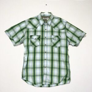 Wrangler 20X Western Cowboy Shirt Large Men Pearl Snap Short Sleeve Blue Plaid